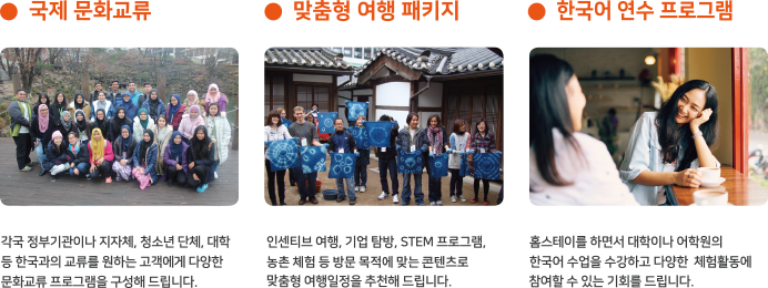 국제문화교류, 맞춤형 여행 패키지, 한국어 연수 프로그램